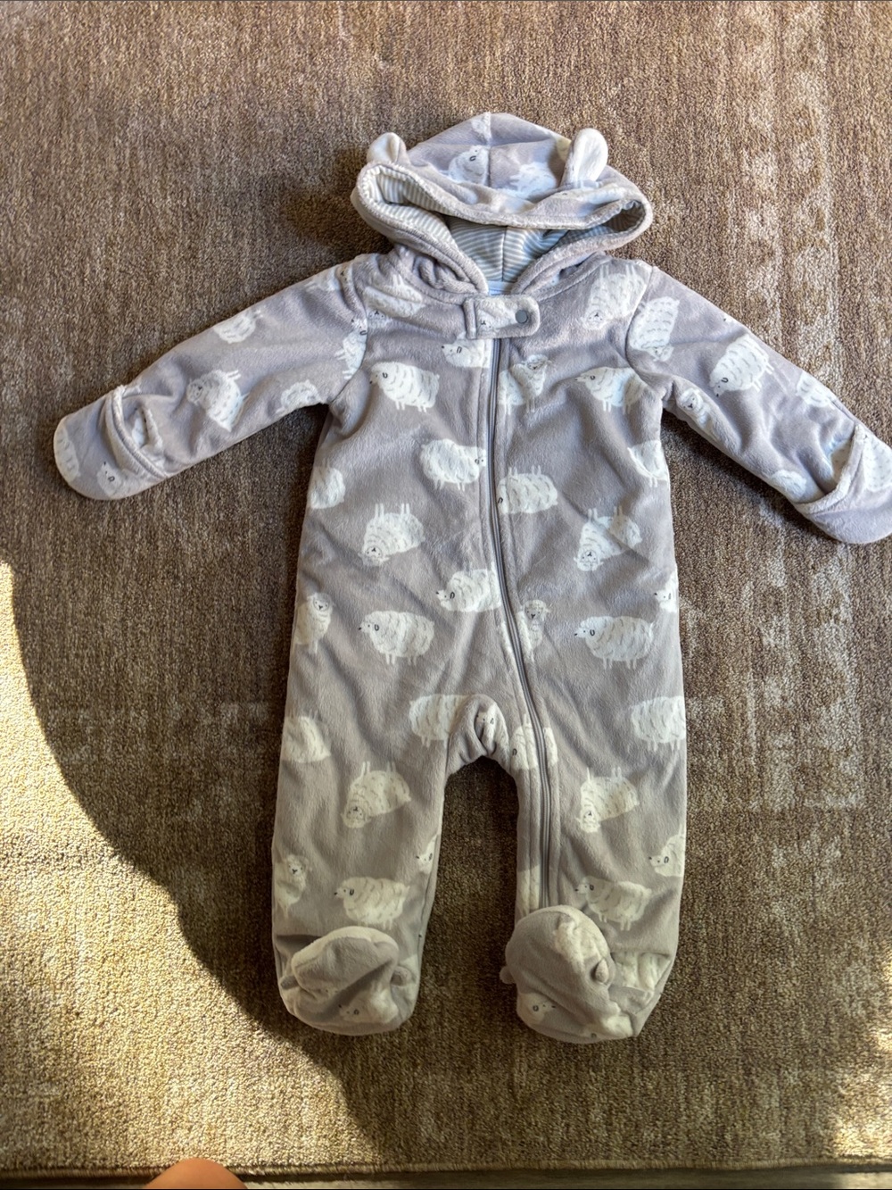 Carter's Light Gray Lamb-Print Footed One-Piece with Fold-Over mittens